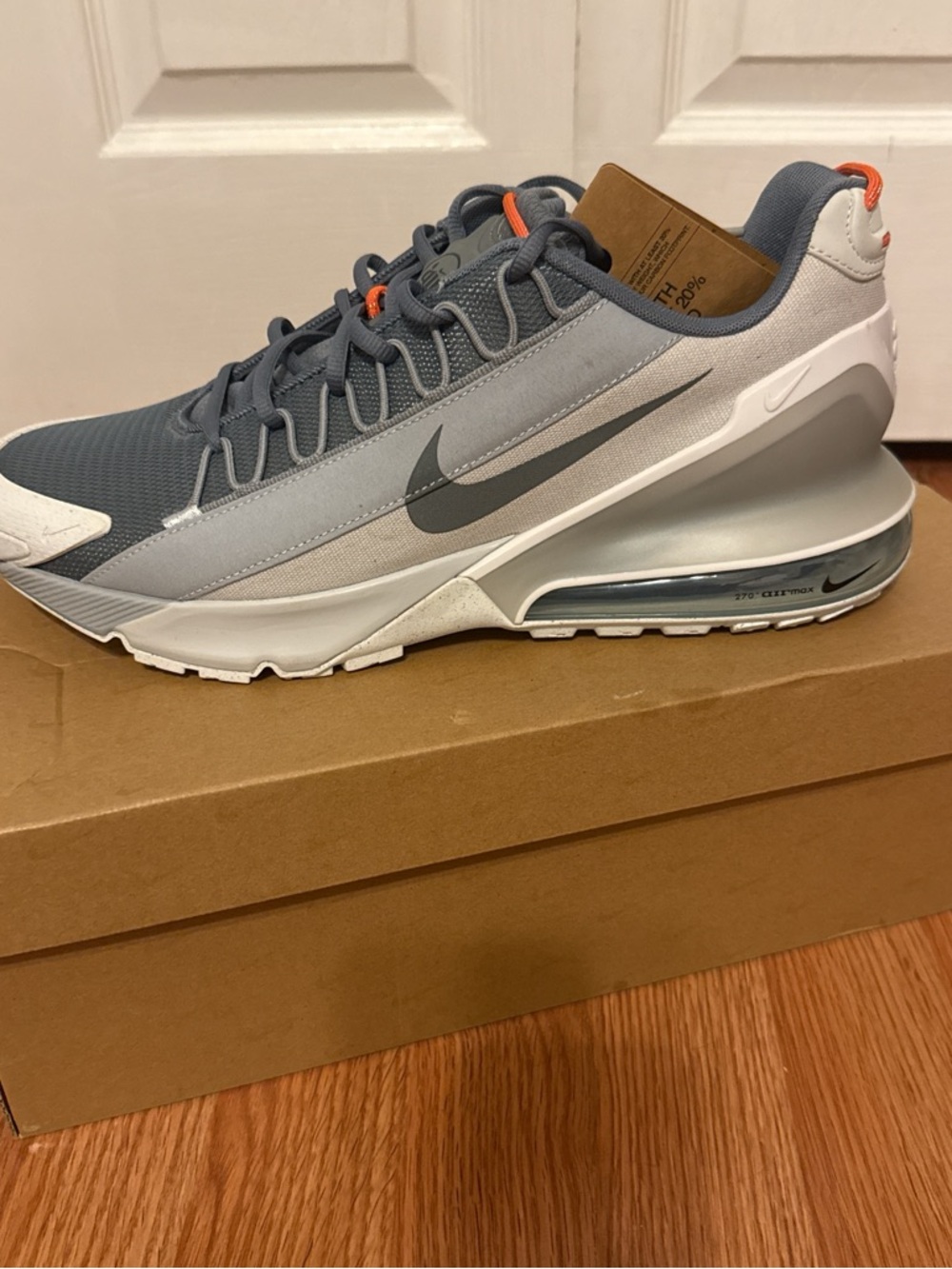 Men’s Size 12.5 Brand New Nike Air Max 270 React - Gray with Orange Pull Tab